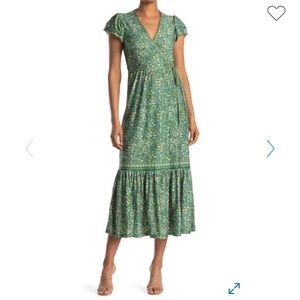 Max Studio Printed Ruffle Hem Wrap Dress Green